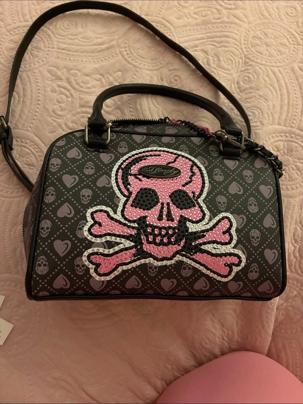 ED HARDY NWT Black and Pink Rhinestone Skull Satchel